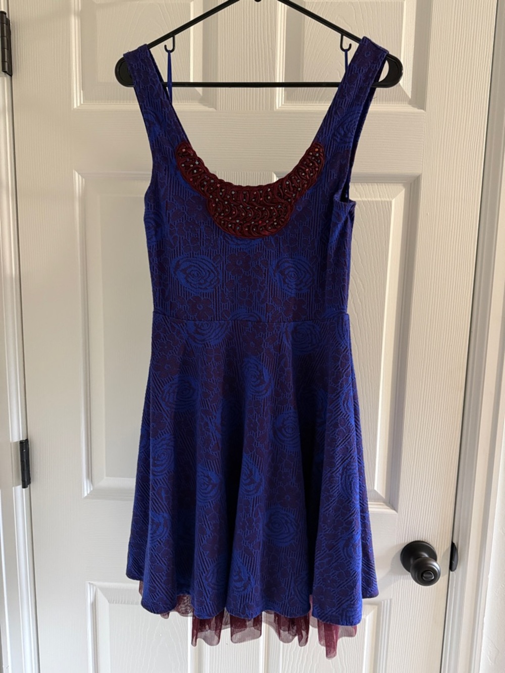 Free People Royal Blue Lace Mini Dress with Burgundy Beaded Scoop